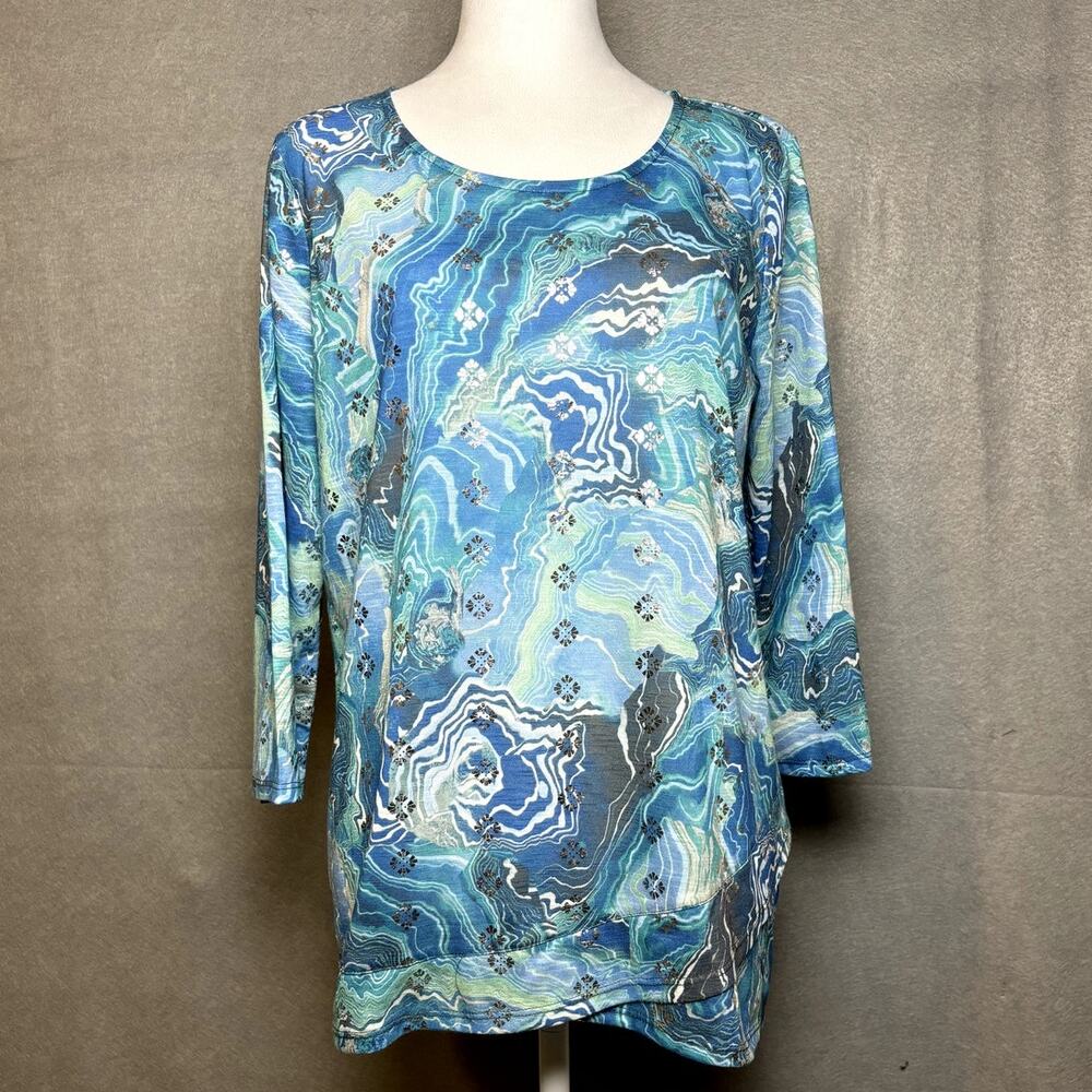 Ruby Rd Favorites Blue Silver Metallic EUC Pullover Tunic Casual Weekend Blouse